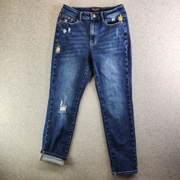 Judy Blue Jeans Womens 27 Blue Floral Embroidered High Rise Boyfriend Flowers - Picture 16 of 16